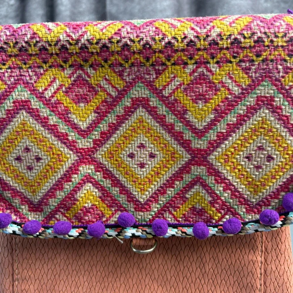 Boho Mini Backpack Terracotta Faux Leather Woven Geometric Pom Pom Trim Pink